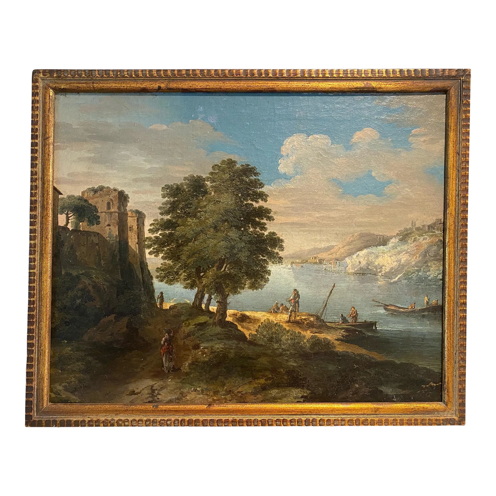 19th Century Beautiful Oil Painting of Figures and Vessels on a Lake ...