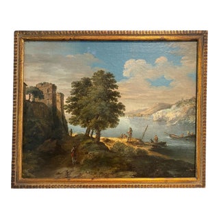 19th Century Beautiful Oil Painting of Figures and Vessels on a Lake, Framed For Sale