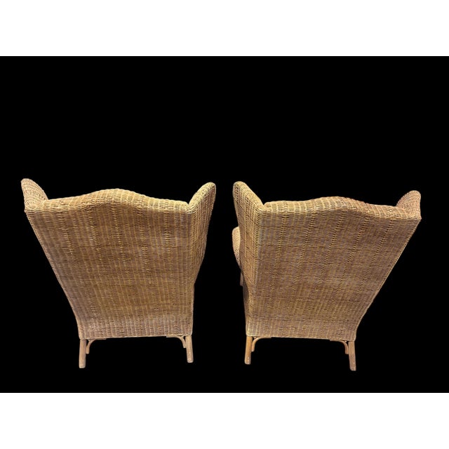 Pair of Large Wicker Wingback Chairs With Ottoman by Henry Link for Lexington Furniture 1972 For Sale In West Palm - Image 6 of 12