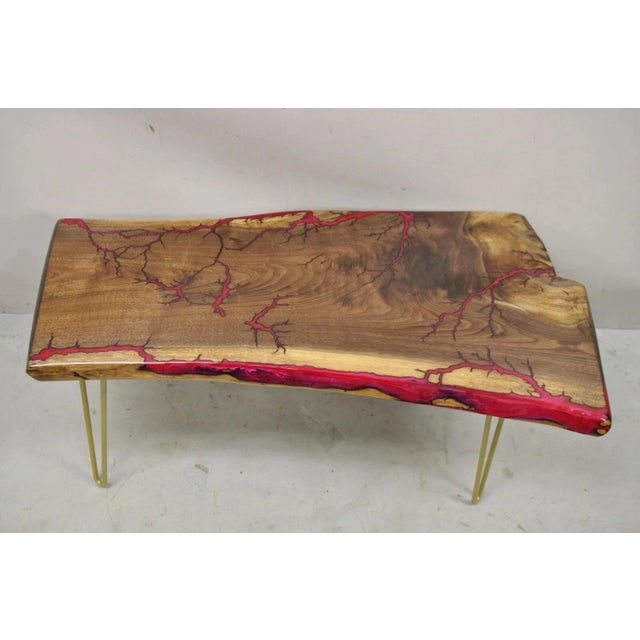 Mid-Century Modern Live Edge Black Walnut Surfboard Coffee Table Red Resin Lacquer Hairpin Legs For Sale - Image 3 of 11