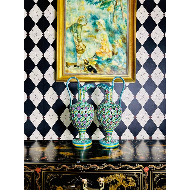 Late 20th Century Pair Signed J. Leonardo Portuguese Hand-Painted Reticulated Ceramic Ewers, 15" For Sale - Image 5 of 17