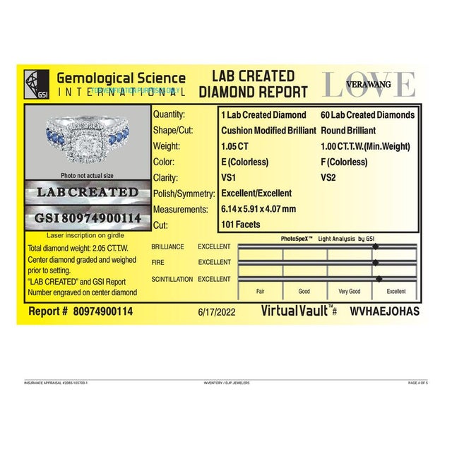 Vera Wang Love 14k Gold Gsi 2.05ct Lab-Grown Diamond Sapphire Engagement Ring, Size 6.5 For Sale - Image 9 of 10