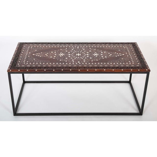 English Antique Anglo Indian Coffee Table Rosewood Top With Maquetry Inlay on Custom Steel Base For Sale - Image 3 of 11