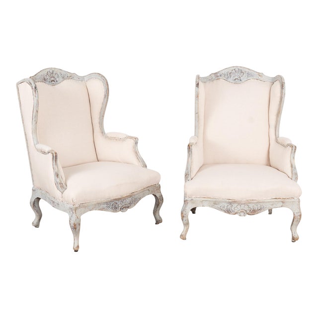 Pair, Gustavian Style Wingback Gray Chairs, Sweden Circa 1920-40 For Sale