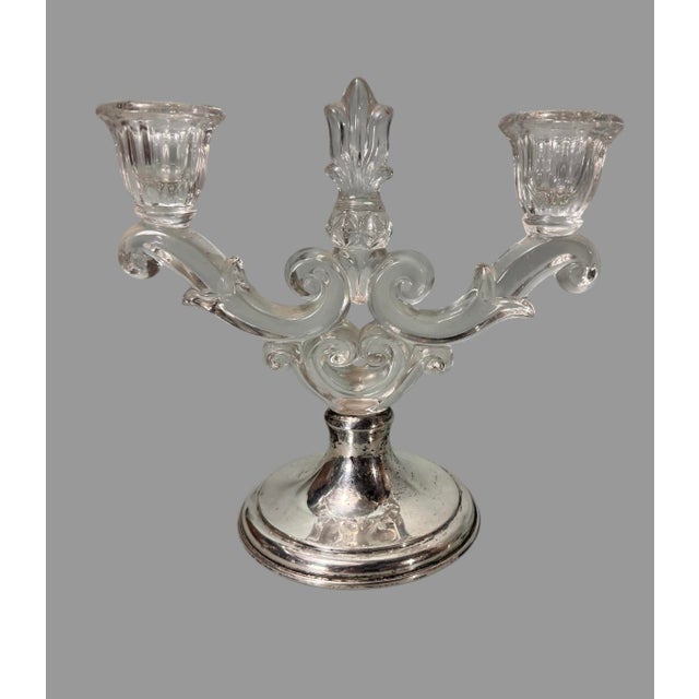 Victorian Pair of Mid 20th Century Hawkes Sterling Silver & Ornate Glass 2-Light Candelabras For Sale - Image 3 of 10