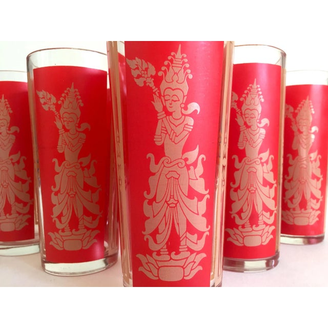 Vintage Mid Century Modern Thai Goddess Lakshmi Tall Red Tumbler Glasses - Set of 7 For Sale - Image 9 of 13