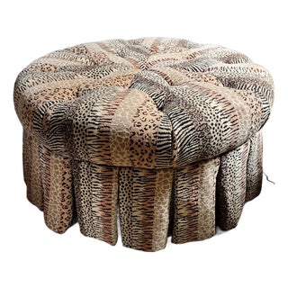 Large Tufted Cocktail Ottoman in Animal Print Velvet With Skirt & Pillow For Sale