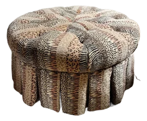 Large Tufted Cocktail Ottoman in Animal Print Velvet With Skirt & Pillow
