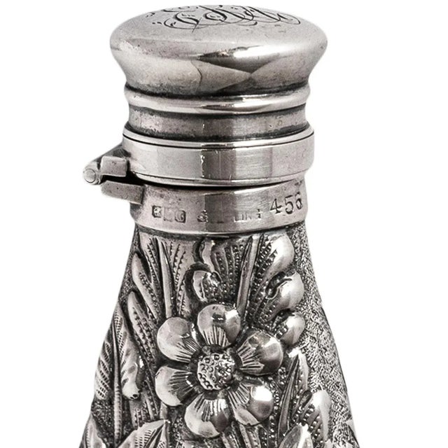 Metal Antique Sterling Silver Perfume Scent Engraved Repousse Bottle Flask London 1873 For Sale - Image 7 of 11