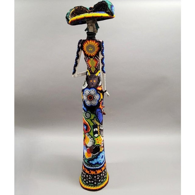 Figurative Monumental Huichol Beaded La Catrina, Day of the Dead, Sculpture, Mexico, 36” For Sale - Image 3 of 12
