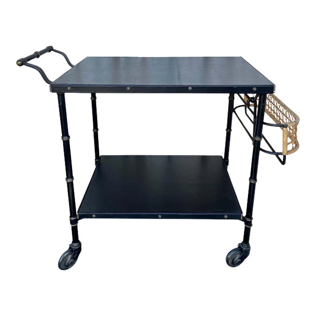 Original Vintage Jacques Adnet Black Stitched Leather & Wicker Bar Cart For Sale