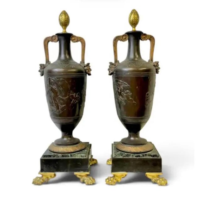 Neoclassical French Neoclassical Patinated Bronze and Marble Urn Vases, a Pair For Sale - Image 3 of 16
