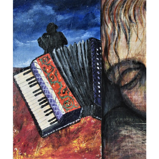 This artwork titled "Accordion" c. 2000 is an oil painting on wood panel by noted American artist Sol Aquino b. 1958. The...