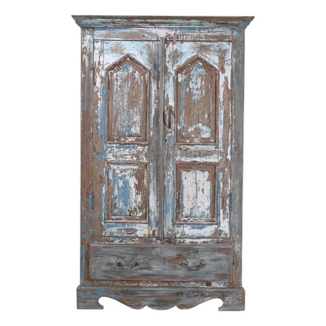 Vintage Distressed Blue Teak Wood 59 in. Tall Door Repurposed Wall Decor For Sale