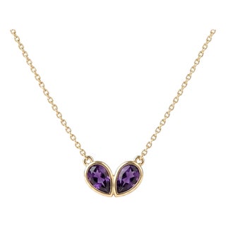Natural Amethyst Heart Necklace • Unique Toi Et Moi Teardrop Necklace • February Birthstone Gift For Sale