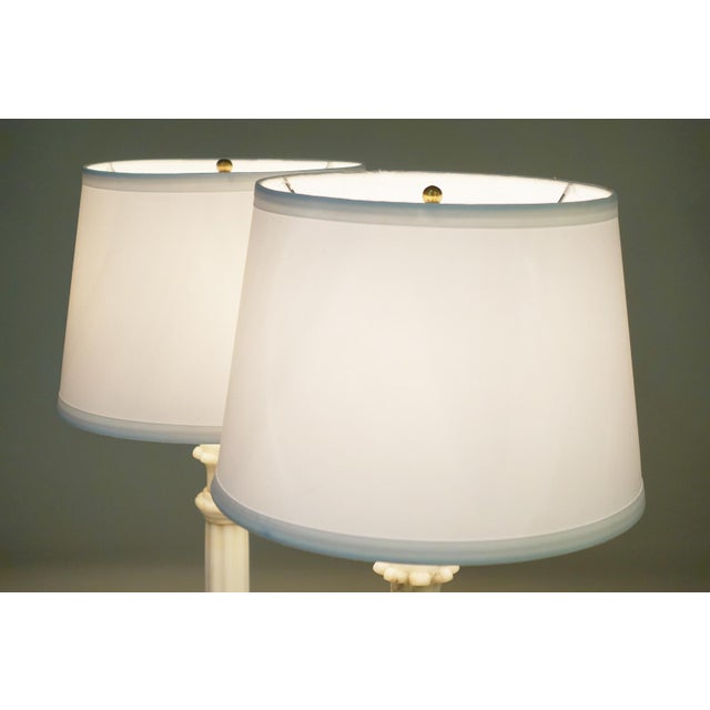 1950s Neo Classic Hollywood Regency Modern Carrara Marble Corinthian Style Column Table Lamps - a Pair For Sale - Image 9 of 12
