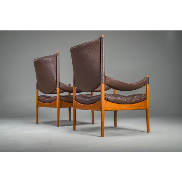 Mid-Century Modern Danish Oak and Leather Lounge Chairs with Ottoman by Kristian Vedel for Søren Wiladsen, 1960s, Set of 3 For Sale - Image 12 of 18