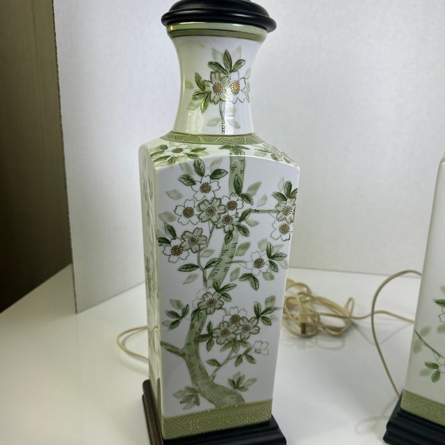 Pair of Vintage Green Apple Blossom Chinese Lamps For Sale - Image 12 of 12