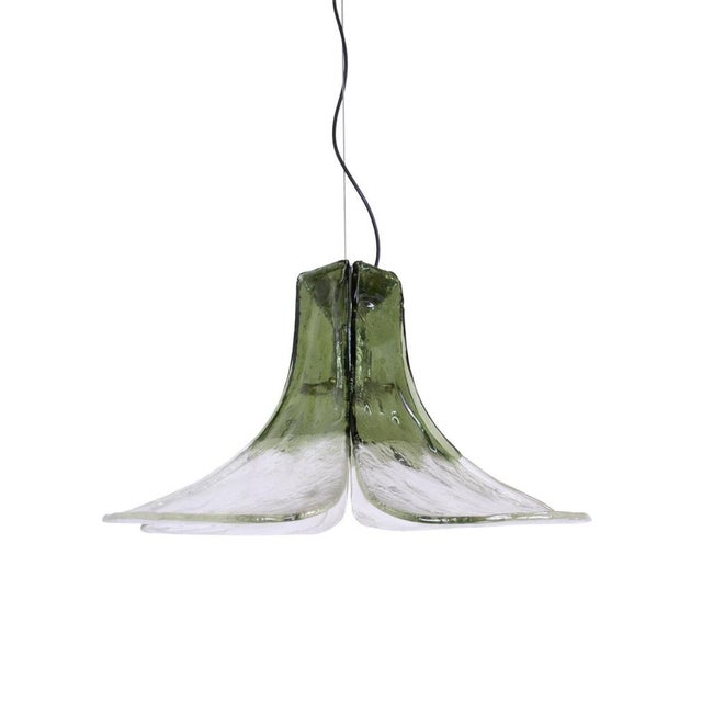 Elegant tulip pendant light with four green and clear murano glass blades on a chromed nickel hardware designed by carlo...