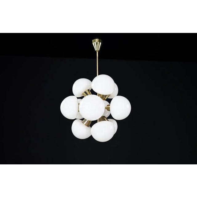 Mid-Century Modern Sputnik Chandelier in Brass and Opaline Glass, Cz, 1970s For Sale - Image 10 of 14