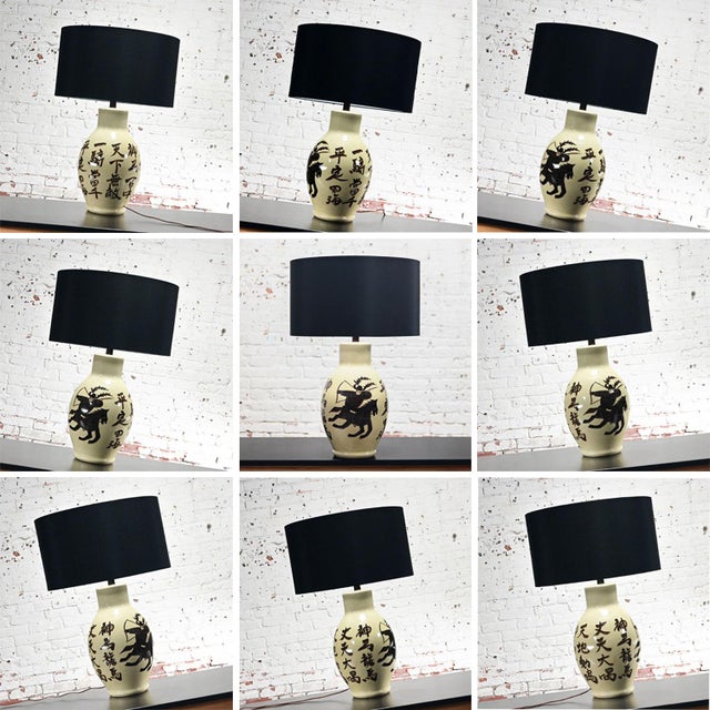 1960’s Asian Chinoiserie Style Large Scale Ceramic Table Lamp With Painted Warrior on Horse For Sale - Image 12 of 12