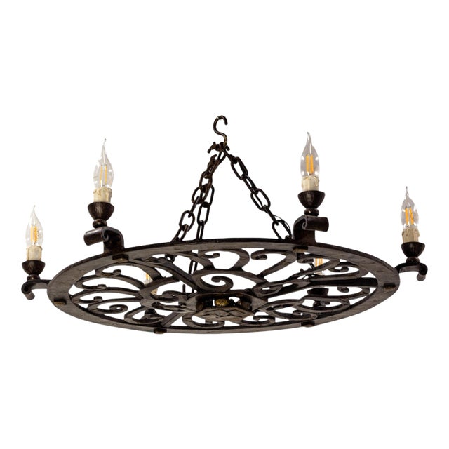 Large Circular Wrought Iron Chandelier, France, 1940 For Sale