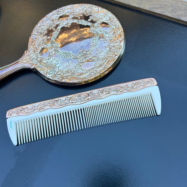 Trio Vintage Silver Plated Vanity Set- Hand Held Mirror, Brush, and Comb For Sale - Image 4 of 10