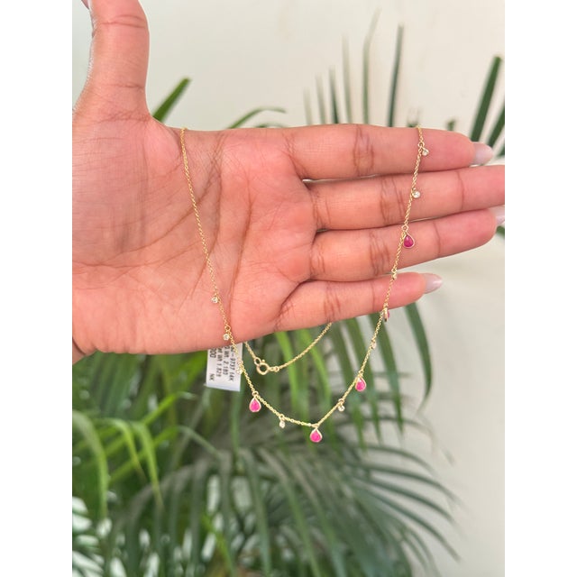 Impressionist 14k Yellow Gold Ruby Drop Station Necklace With Diamond Accents Layering Jewelry For Sale - Image 3 of 13