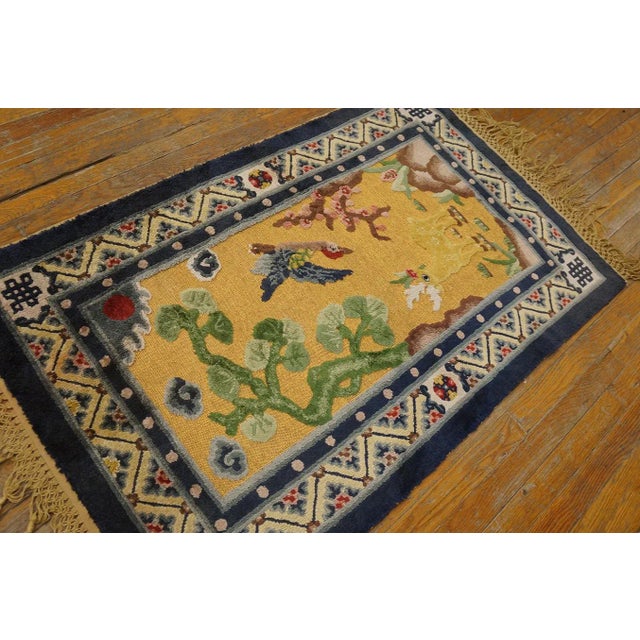 1930s Yellow Gold Scene Figural Antique Chinese Silk & Metallic Thread Rug 2'7" X 4'2" Wool Knotted Carpet For Sale - Image 12 of 12