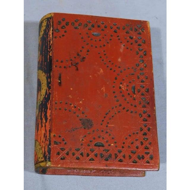 Wood 19th Century Carved Folk Art Spruce Gum Box Primitive Red Painted Bible Book Form Maine For Sale - Image 7 of 9