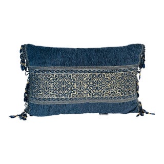 1990s Embroidered Velvet Pillow With Glass Bead Fringes by Queen For Sale