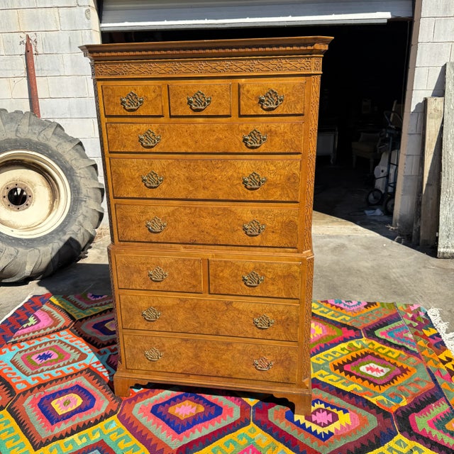 1970s 1970s Traditional Baker Burl Wood Highboy 10 Drawer Dresser For Sale - Image 5 of 12