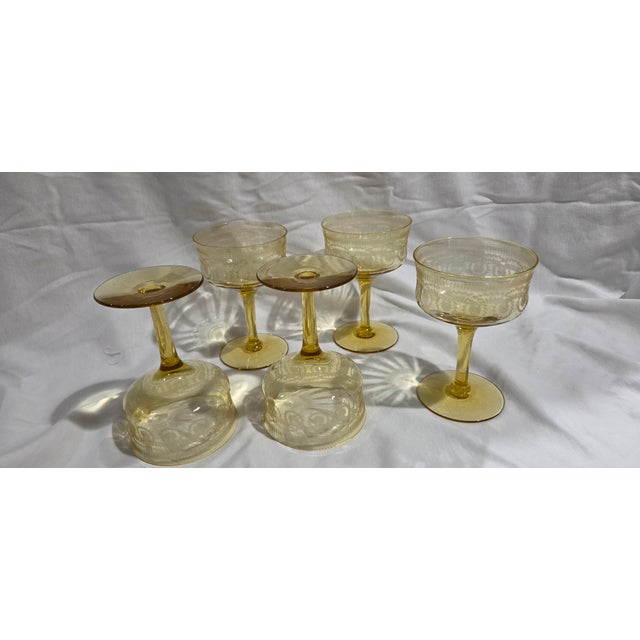 Art Deco Vintage Yellow Depression Glass Champagne Coupes or Sherbet Glasses Set of Five For Sale - Image 3 of 7