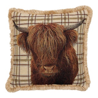 Highland Cow With Fringe Tapestry Cushion With Feather Filler - 46x46cm (18"x18") For Sale