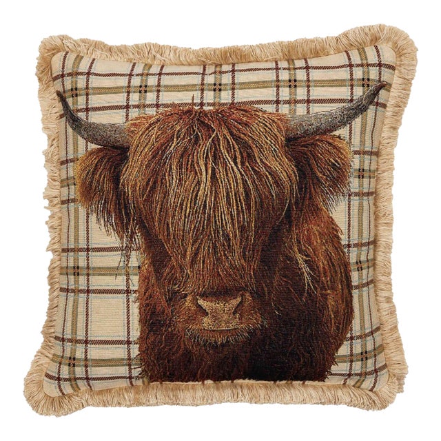 Highland Cow With Fringe Tapestry Cushion With Feather Filler - 46x46cm (18"x18") For Sale