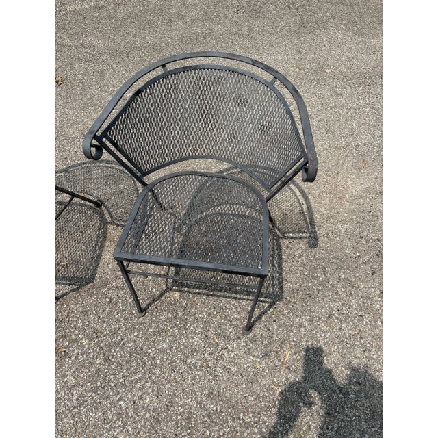 Metal Vintage Wrought Iron Garden and Patio Furniture Four Piece Set Featuring Barrel Back Chairs and Bench With End Table For Sale - Image 7 of 10