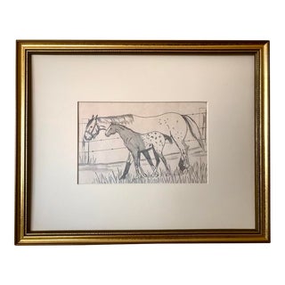 Vintage American Original Drawing of Horses Mare and Foal in Landscape Circa 1950 For Sale