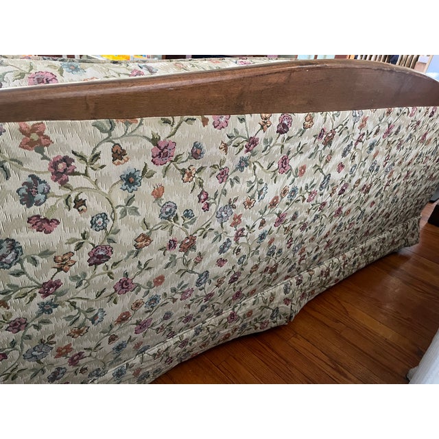 Wood Vintage Traditional Floral Sofa With Exposed Wood Frame – Reupholstered For Sale - Image 7 of 12