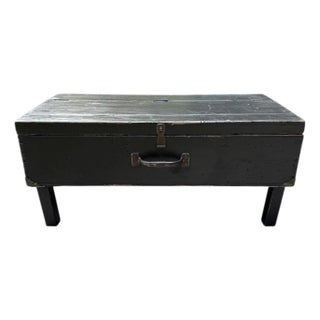 Rustic Black Painted Wood Tool Storage Bench Coffee Table For Sale