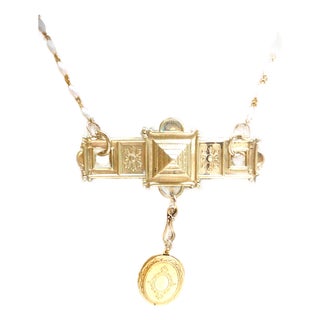 Vintage Art Deco Gold Bar Necklace, Hanging Oval Locket, Oval Pearl Chain For Sale