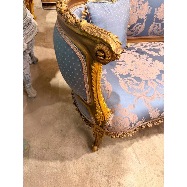 Rococo Vintage Cherub Rococo Sette upholstery Blue Damask Canapa For Sale - Image 3 of 9