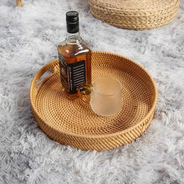 Round Rattan Serving Tray With Handles Small For Sale - Image 4 of 6