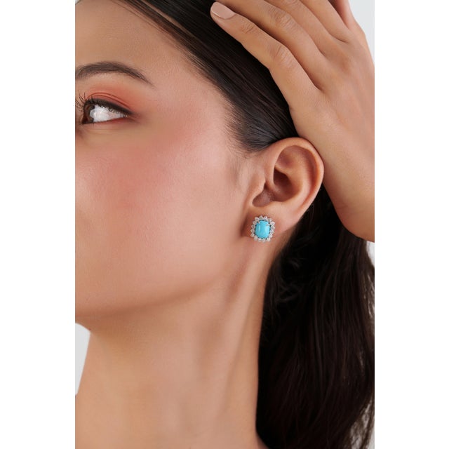 Turquoise Vintage Inspired 14k Gold 3.88ct Turquoise & Diamond Stud Earrings- A Pair For Sale - Image 8 of 14