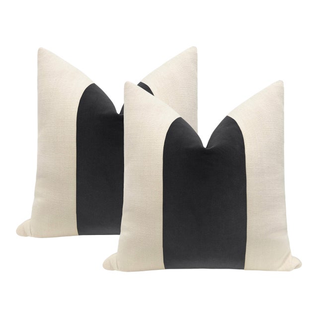 22" Graphite Designer Velvet Panel + Linen Pillows - A Pair For Sale