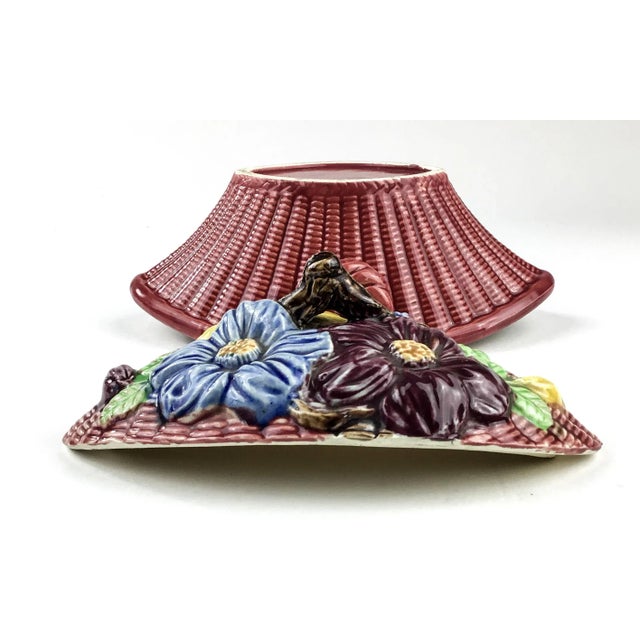 Cerise Colorful Japan Produced Majolica Covered Ceramic Basket For Sale - Image 8 of 13
