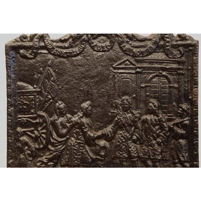 18th Century French Louis XIV Style Cast Iron Fireback With Court Scene For Sale - Image 4 of 7