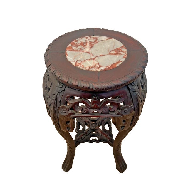 French French Plant Stand Table, Hand Carved Lattice Marble Top, Dark Mahogany Petite For Sale - Image 3 of 9