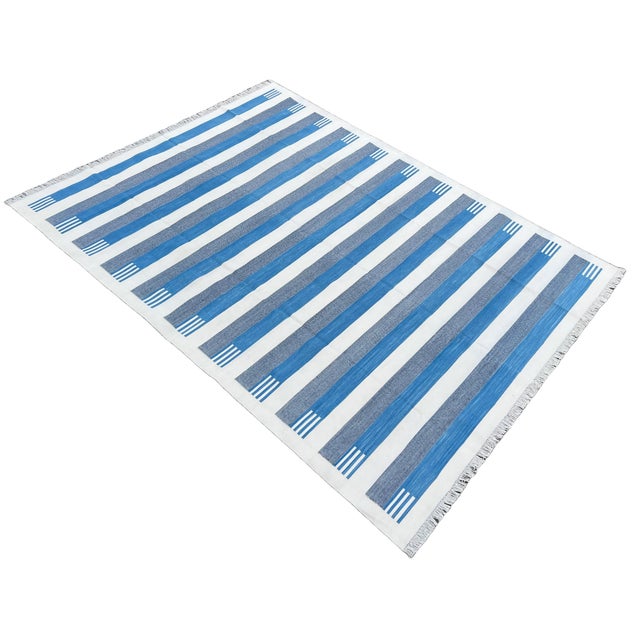 Mid-Century Modern Handmade Cotton Area Rug, Sky Blue and White Cotton Vegetable Dyed Striped Dhurrie-10'x14' For Sale - Image 3 of 12