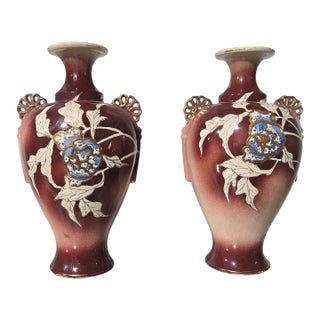 Pair of Antique Japanese Satsuma Moriage Peony Vases 19th C Expertly Restored For Sale