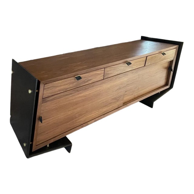 Ambianic Modern Floating Credenza in Walnut Bronze and Leather For Sale
